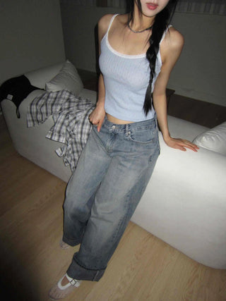 OOTJ/OOT Low-Rise Wide Mid-Cyan Crack Wash Roll-Up Denim Pants