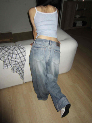 OOTJ/OOT Low-Rise Wide Mid-Cyan Crack Wash Roll-Up Denim Pants