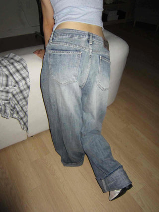 OOTJ/OOT Low-Rise Wide Mid-Cyan Crack Wash Roll-Up Denim Pants