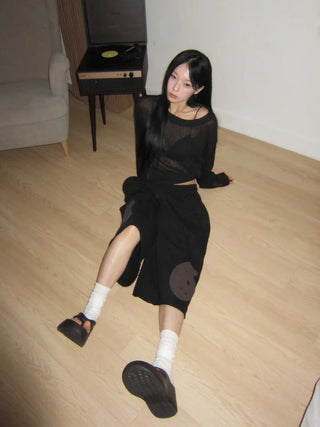 summer linen oversized see-through boxy summer long-sleeved knit t-shirt