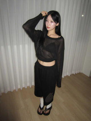 summer linen oversized see-through boxy summer long-sleeved knit t-shirt