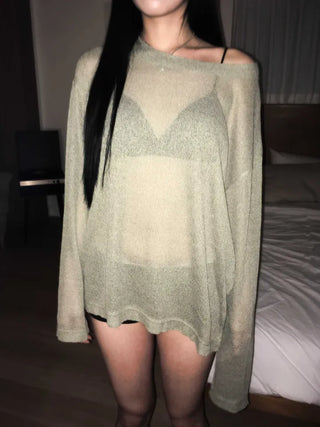 summer linen oversized see-through boxy summer long-sleeved knit t-shirt