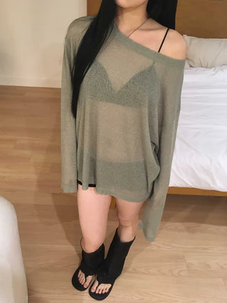 summer linen oversized see-through boxy summer long-sleeved knit t-shirt