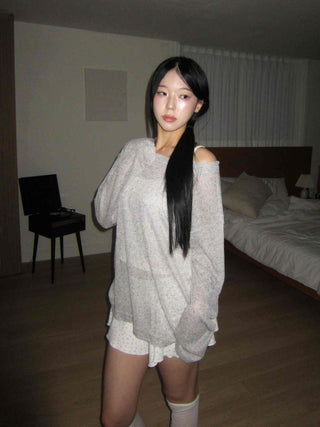 summer linen oversized see-through boxy summer long-sleeved knit t-shirt