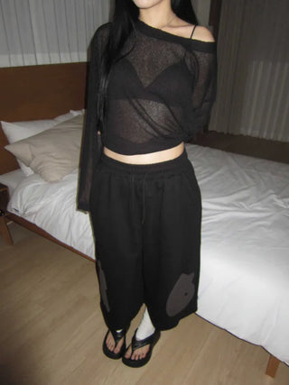 summer linen oversized see-through boxy summer long-sleeved knit t-shirt