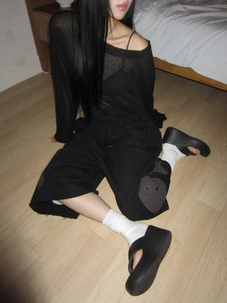 summer linen oversized see-through boxy summer long-sleeved knit t-shirt