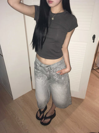 leopard print wide bermuda shorts with 3/4 length denim pants