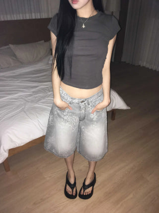 leopard print wide bermuda shorts with 3/4 length denim pants