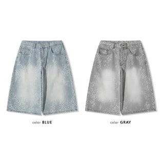 leopard print wide bermuda shorts with 3/4 length denim pants