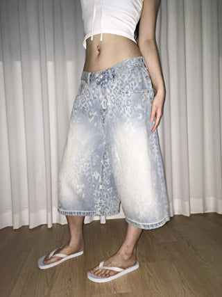 leopard print wide bermuda shorts with 3/4 length denim pants