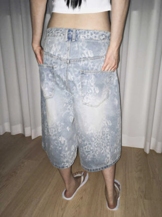 leopard print wide bermuda shorts with 3/4 length denim pants