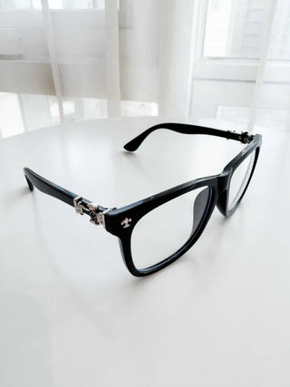 Chrome Cross Blue Light Blocking Square Horn-Rimmed Glasses