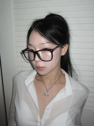 Chrome Cross Blue Light Blocking Square Horn-Rimmed Glasses
