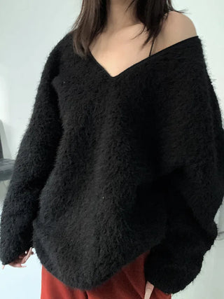 Yeri Boucle Fur V-neck Loose Fit Knit Tee