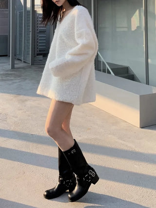 Yeri Boucle Fur V-neck Loose Fit Knit Tee