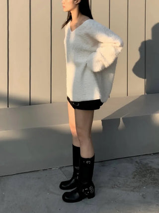 Yeri Boucle Fur V-neck Loose Fit Knit Tee