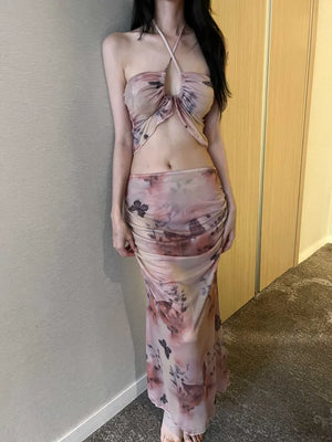 Butterfly Halter Neck Long Skirt 3-Piece Bikini Swimsuit