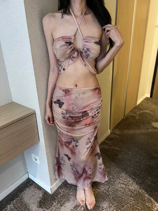 Butterfly Halter Neck Long Skirt 3-Piece Bikini Swimsuit