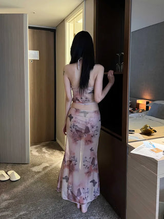 Butterfly Halter Neck Long Skirt 3-Piece Bikini Swimsuit