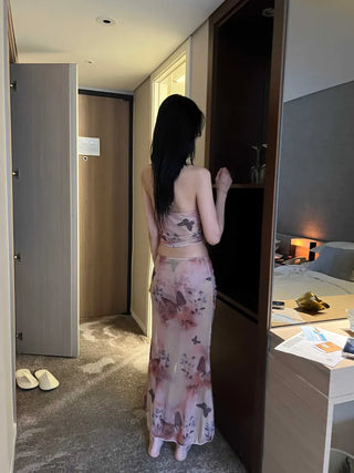 Butterfly Halter Neck Long Skirt 3-Piece Bikini Swimsuit