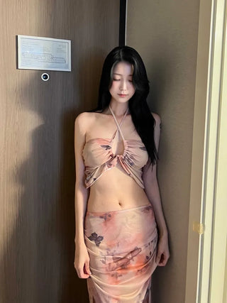 Butterfly Halter Neck Long Skirt 3-Piece Bikini Swimsuit