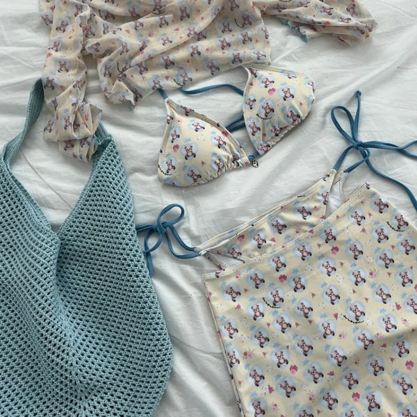 Teddy Bear 4-Piece Bikini Skirt Cover-Up Swimsuit