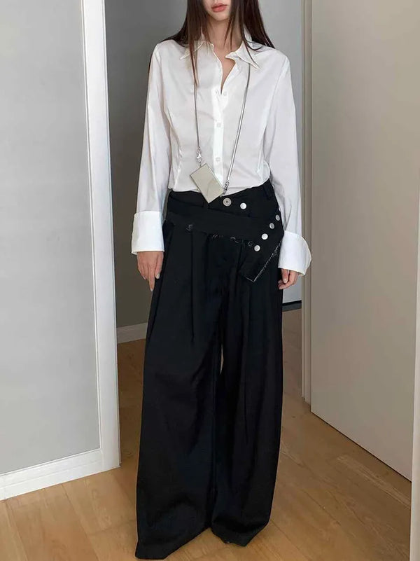 belt point pin tuck wide slacks pants