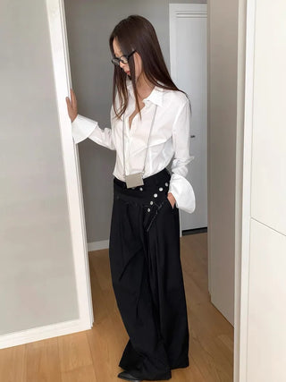 belt point pin tuck wide slacks pants