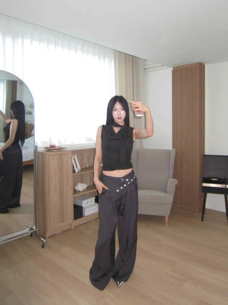 belt point pin tuck wide slacks pants