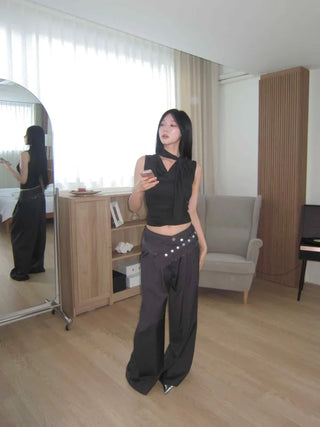 belt point pin tuck wide slacks pants