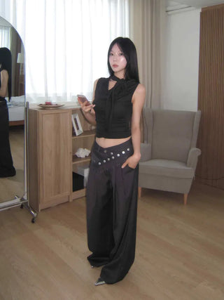 belt point pin tuck wide slacks pants