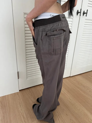 Vintage Y2K semi-bootcut washed banded cotton long flare pants