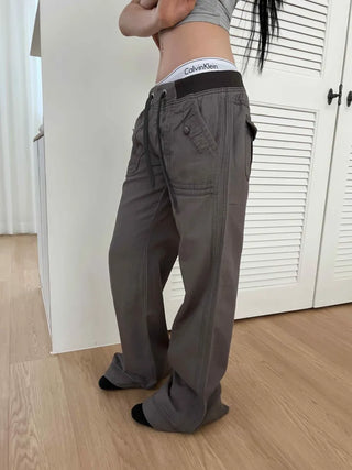 Vintage Y2K semi-bootcut washed banded cotton long flare pants