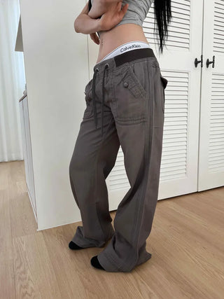 Vintage Y2K semi-bootcut washed banded cotton long flare pants