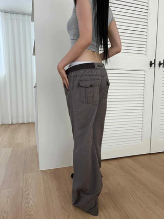Vintage Y2K semi-bootcut washed banded cotton long flare pants