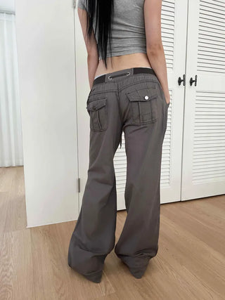 Vintage Y2K semi-bootcut washed banded cotton long flare pants