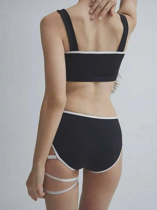 ribbon strap black & white bikini swimsuit