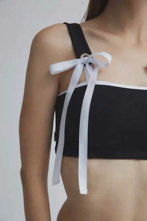 ribbon strap black & white bikini swimsuit