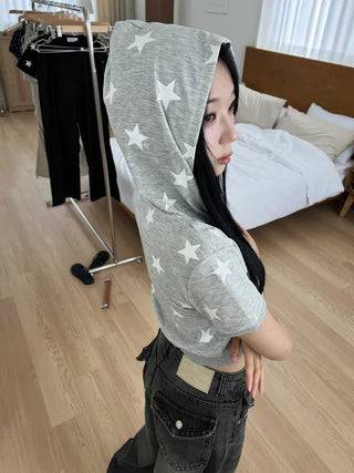 star crop short sleeve hooded zip-up