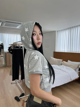 star crop short sleeve hooded zip-up