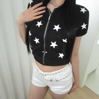 star crop short sleeve hooded zip-up