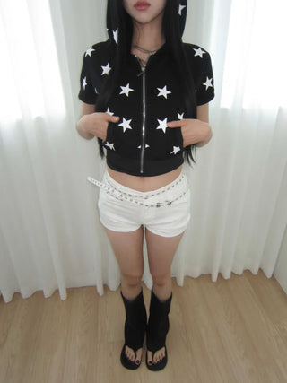 star crop short sleeve hooded zip-up