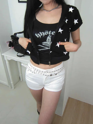 star crop short sleeve hooded zip-up