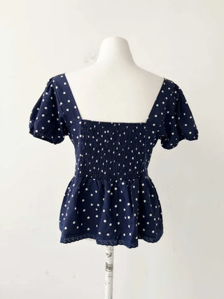 Navy dotted frill puff blouse