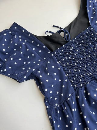 Navy dotted frill puff blouse