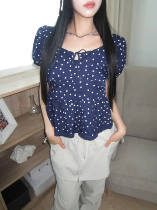 Navy dotted frill puff blouse