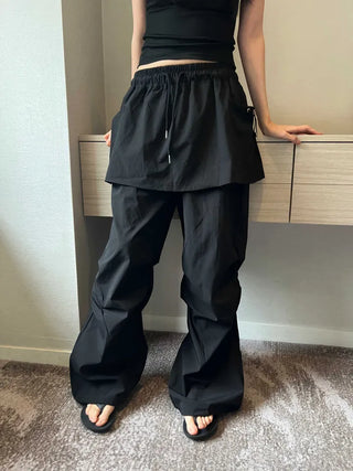 nylon shirring washer skirt layered wide banding pants skirt pants