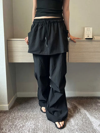 nylon shirring washer skirt layered wide banding pants skirt pants