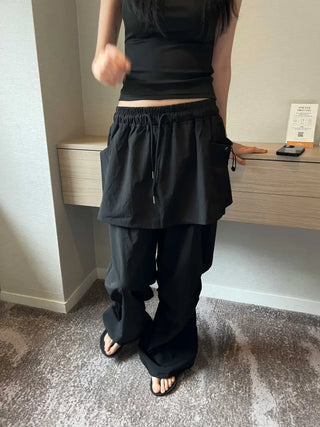 nylon shirring washer skirt layered wide banding pants skirt pants