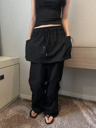 nylon shirring washer skirt layered wide banding pants skirt pants